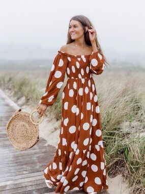 Caitlin Covington X Pink Lily Bluff Walk Brown Polka Dot Maxi Dress